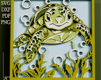 3D-zeeschildpad svg/ meerlaags/ oceaan shadowbox/ zeedier/ papercut/ lasergesneden/ Glowforge