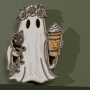 May include: A layered wooden pin featuring a white ghost wearing a floral crown, holding a black cat in one arm and a tan coffee cup with a pumpkin face graphic in the other hand. The design has dark outlines and a multi-dimensional appearance.