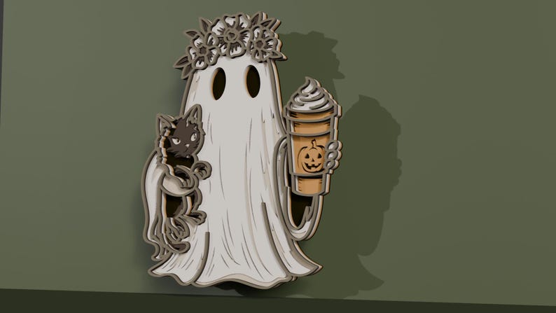 May include: A layered wooden pin featuring a white ghost wearing a floral crown, holding a black cat in one arm and a tan coffee cup with a pumpkin face graphic in the other hand. The design has dark outlines and a multi-dimensional appearance.