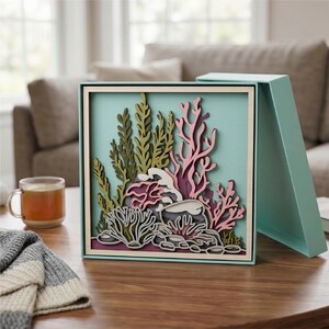 Caja de sombras de arrecife de coral en capas SVG Algas marinas recortadas en papel Decoración marina