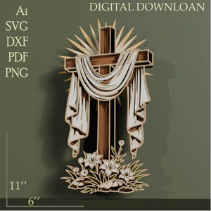 Op de afbeelding: Een gelaagd houten kruisontwerp met een gedrapeerde doek en bloemaccenten. Het kruis is bruin met een witte doek en een zonnestraalontwerp erachter. De afbeelding bevat de tekst "DIGITAL DOWNLOAD" en afmetingen van 28 cm x 15 cm.