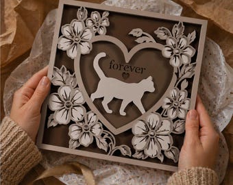 Cuore di gatto a strati svg/ Scatola commemorativa 3D per animali domestici/ Carta floreale ritagliata/ Taglio laser/ CNC