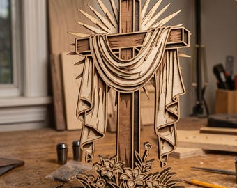 May include: A layered wooden cross sculpture with a draped cloth and sunburst design. The cross is made of dark and light brown wood, with intricate floral details at the base. A religious-themed decorative item.
