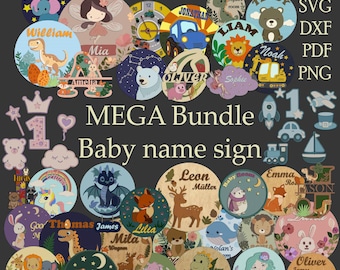 Mega Bundle di cartelli con nome per bambini/ 36 file SVG/ Taglio laser/ Decorazioni fai da te per la cameretta dei bambini