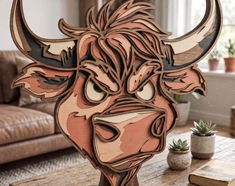 Testa di toro multistrato 3D SVG, animale da fattoria, decorazione murale, design tagliato al laser, file Cricut