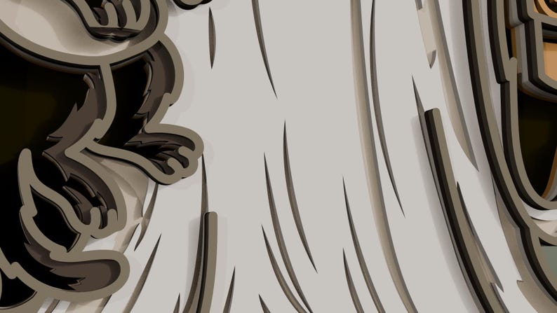 May include: A multi-layered wall art piece featuring a stylized dark brown squirrel figure on the left side, positioned against a light gray background with vertical, curved cut-out lines that create a sense of depth and texture throughout the design.