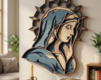 Virgen María 3D SVG, Caja de sombras multicapa, Arte de pared cristiano DIY, Corte láser, Cricut,