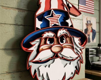Gnomo USA 3D SVG, patriottico multistrato, per intaglio su carta, taglio laser, taglio su compensato, decorazione per il giorno dell'Indipendenza