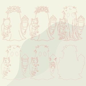 May include: A digital illustration set featuring six ghost figures outlined in light red. Each ghost wears a floral crown, holds a cat, and carries a beverage cup. One cup features a small jack-o'-lantern face design on the front surface.