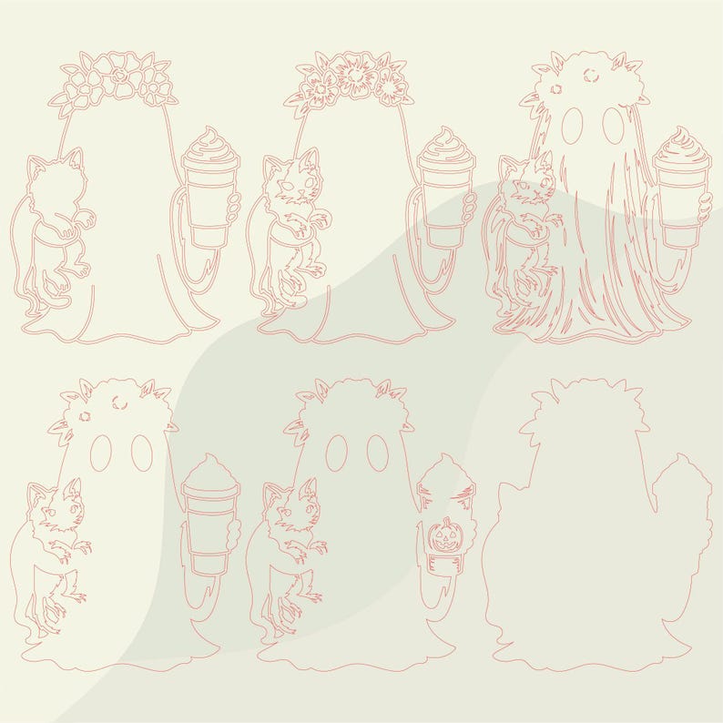 May include: A digital illustration set featuring six ghost figures outlined in light red. Each ghost wears a floral crown, holds a cat, and carries a beverage cup. One cup features a small jack-o'-lantern face design on the front surface.