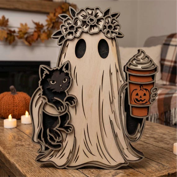 Ghost with Cat and Coffee SVG/ Layered Halloween/ Laser Cut File/ DIY Holiday Decor