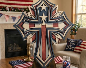 Amerikanisches Kreuz SVG, 3D-Schichtung Vaterländisch, USA Wandkunst, Laser geschnitten, Geschenk zum Unabhängigkeitstag