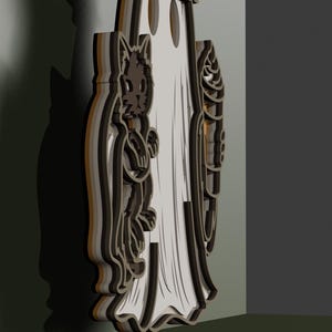 May include: A layered wooden wall decoration featuring a central white ghost figure flanked by a dark brown cat on the left and a brown corn cob on the right. The piece has a multi-dimensional, stacked construction with visible dark edges and depth.
