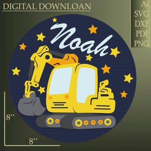 Excavator Baby Name Sign SVG: Round Door Hanger Laser Cut File (Digital Download)
