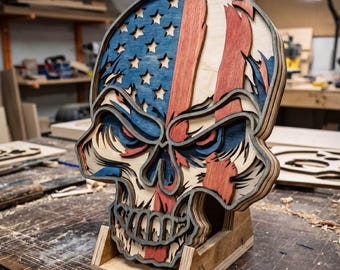 Amerikanischer Schädel 3D SVG, mehrschichtige Vaterländischer USA Wandkunst, Laser geschnitten, Dekor zum Unabhängigkeitstag Dekor
