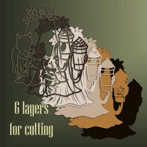 May include: A multi-layered digital design featuring six stacked silhouettes of a ghost holding a coffee cup, with floral accents and a small cat figure. The design includes the text 6 layers for cutting in a light tan font on the left side.