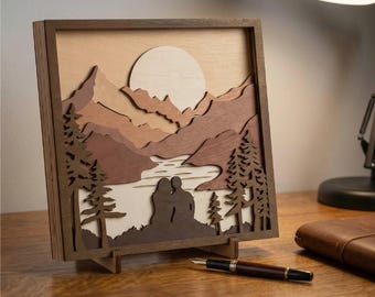 3D Landschaft svg/ Multilayer Bergsee Sonnenuntergang/ Paar Silhouette/ Papierschnitt/ Laserschnitt/ romantisches Dekor