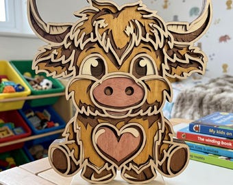 Multilayer Highland Kuh 3D SVG, DIY Bauernhof Tier, Laser-Schnitt, Schaukasten, Papierschnitt