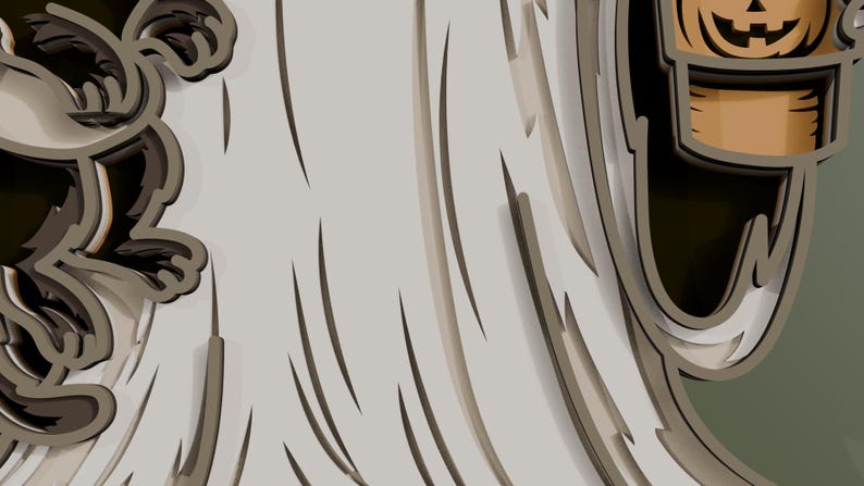 May include: A layered wooden wall art piece featuring a central white ghost figure with flowing fabric details. To the left, a dark silhouette of a cat is visible, and to the right, a tan jack-o'-lantern bucket is held by the ghost's arm.