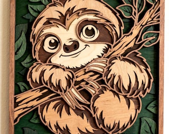 Bradippo a strati SVG/ Glowforge/ Decorazione fai da te/ CNC/ Scatola a giorno/ Ritaglio di carta di animali della giungla/ Taglio laser