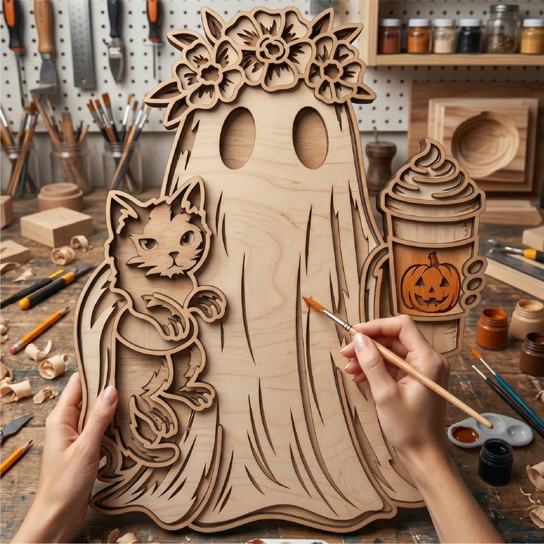 May include: A multi-layered wooden cutout featuring a ghost wearing a flower crown, holding a cat on the left and a pumpkin-themed coffee cup on the right. The light-colored wood piece has intricate laser-cut details and is being painted with a brush.