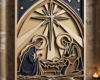 May include: A multi-layered wooden wall art piece depicting a nativity scene with a central star, figures in robes, and a manger. The design features dark blue, light wood, and tan tones with cut-out stars. Text at the bottom reads DIGITAL DOWNLOAD.