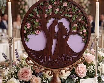 Árbol romántico para parejas en capas SVG/ Silueta de boda/ Archivo de corte láser/ Decoración de pared para aniversario