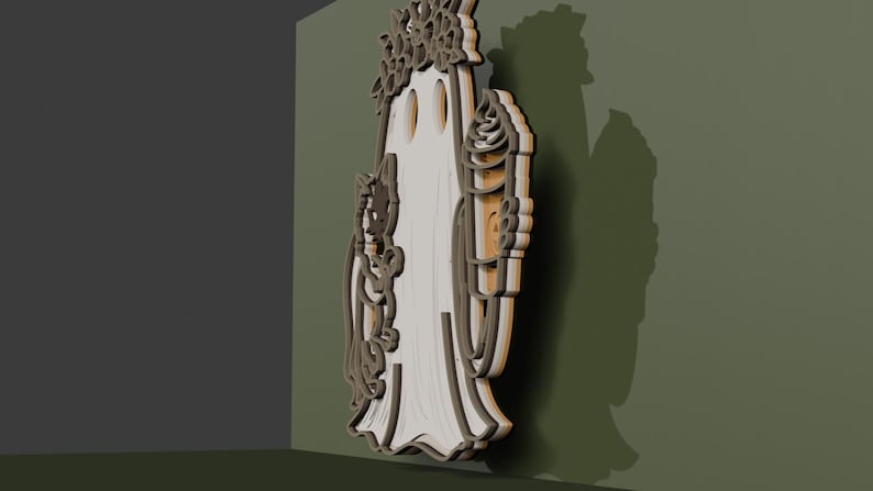 May include: A layered wooden wall decoration featuring a central ghost figure wearing a flower crown, holding a small cat on one side and a tall ice cream cone on the other. The piece has a multi-dimensional appearance with dark brown edges.