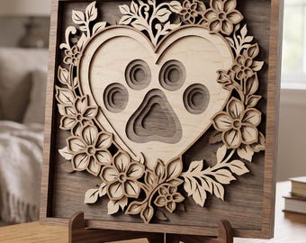 Zampa di cane multistrato svg/ taglio laser/ amante dei cani/ cuore con fiori/ cricut/ scatola a giorno