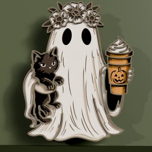 May include: A layered wooden cutout featuring a white ghost wearing a floral crown, holding a black cat in one arm and a tan coffee cup with a pumpkin jack-o'-lantern graphic and whipped cream topping in the other hand, rendered in a flat style.