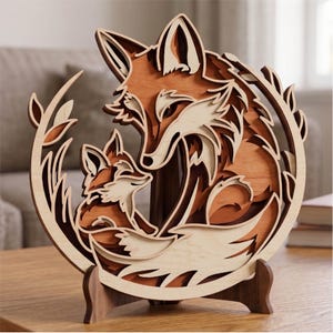 Renard maman bébé SVG/ animal multicouche 3D/ décoration de chambre d'enfant/ art mural forêt/ découpé au laser