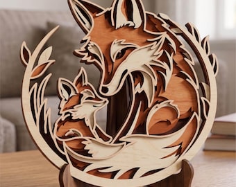 Fuchs Mama Baby SVG / 3D Tier mit Ebenen / Kinderzimmer Dekor / Wald Wand Kunst / Laser Schnitt