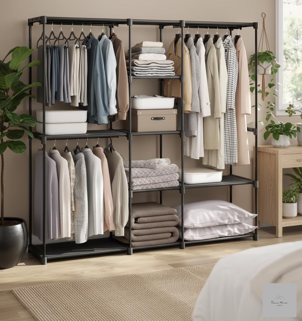 Grande Armoire Dressing Métallique Pliable Avec Double Penderie Et Étagères De Rangement Pour Chambre, Vestiaire Buanderie 182x43x182 cm