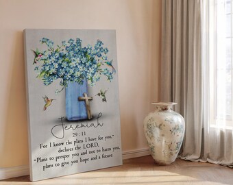 Lienzo decorativo de Jeremías 29:11, versículo bíblico cristiano para decoración del hogar, póster de la escritura con flor de colibrí, regalo de fe para seres queridos.
