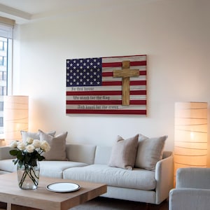 Arte de pared "Defiende la bandera, arrodíllate ante la cruz", bandera estadounidense y cruz, impresión cristiana patriótica en lienzo, arte cristiano de pared
