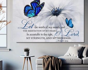 Salmo 19:14 - Lienzo decorativo para pared: Que se escuchen las palabras de mi boca. Impresión bíblica. Obra de arte cristiana de mariposas. Decoración religiosa para el hogar.