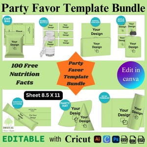 Peut inclure: Un ensemble de modèles de cadeaux de fête vert clair avec des designs pour des sachets de chips, des bouteilles à bulles, des crackers pour animaux, de la compote de pommes et plus encore. Comprend des modèles modifiables. Le texte "Party Favor Template Bundle" est affiché.