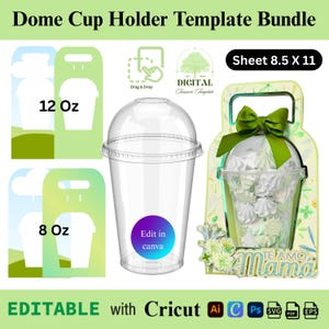 Puede incluir: Una taza de cúpula de plástico transparente con una etiqueta morada y azul que dice "Edit in canva". La imagen también muestra una plantilla para un portavasos, con el texto "12 Oz" y "8 Oz". Las palabras "Dome Cup Holder Template Bundle" están en la parte superior.