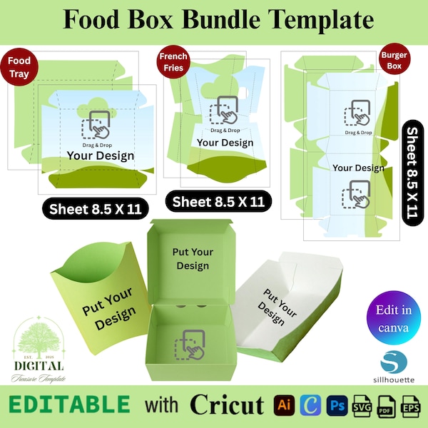 Food Box Bundle Template, French Fries Box, Burger Box, Food Tray Template, Fast Food Boxes, Food Box Template, Food Book SVG,Canva Food Box