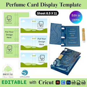 以下が含まれることがあります： 「Perfume Card Display Template」と「Sheet 8.5 X 11」のテキストが入った香水カードディスプレイテンプレート。編集可能な要素、ドラッグアンドドロップセクション、「Put Your Design Here」のテキストが含まれています。