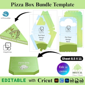 Może przedstawiać: Zielony szablon zestawu pudełek na pizzę z różnymi opcjami projektowania. Zawiera makietę trójkątnego pudełka, projekt kwadratowego pudełka i rozmiar arkusza 21,6 x 27,9 cm. Szablon można edytować za pomocą Cricut i Canva.