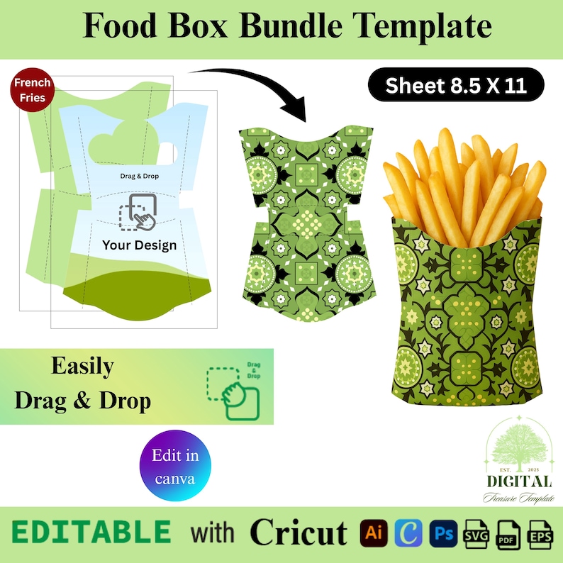 Puede incluir: Una plantilla de paquete de caja de comida con un dise&ntilde;o de patr&oacute;n verde y negro. La imagen incluye una plantilla para una caja de comida, una caja de comida completa llena de papas fritas y el texto "Food Box Bundle Template", "Sheet 8.5 X 11" y "Easily Drag & Drop".
