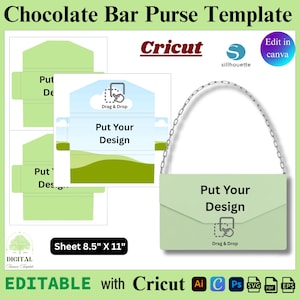 Puede incluir: Una plantilla de bolso para barra de chocolate verde claro con el texto "Put Your Design" y "Drag & Drop". La plantilla incluye un diseño de bolso, un tamaño de hoja de 21,6 cm x 27,9 cm y es editable con Cricut.