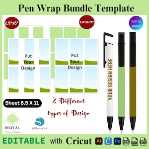 Könnte beinhalten: Eine digitale Stift-Wrap-Bundle-Vorlage mit zwei Designoptionen. Die Vorlage enthält Stiftdesigns mit dem Text "YOUR DESIGN HERE" auf einem Stift. Die Blattgröße beträgt 21,59 x 27,94 cm. Die Vorlage ist mit Cricut bearbeitbar.