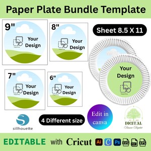 Puede incluir: Una plantilla de paquete de platos de papel con cuatro tamaños diferentes: 22,86 cm, 20,32 cm, 17,78 cm y 15,24 cm. Cada diseño de plato presenta una nube, un paisaje y el texto "Your Design". La imagen también incluye el texto "Sheet 8.5 X 11" y "Edit in canva".