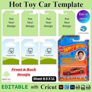 May include: A digital template for a toy car packaging card, featuring light green and blue placeholders with text reading Put Your Design and Drag & Drop. Includes a sample birthday-themed card with a red toy car and text Sheet 8.5 X 11.