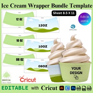 Pode incluir: Modelo de embalagem para sorvete com arquivos digitais editáveis para folhas de 21,6 x 27,9 cm. Inclui vários tamanhos de embalagem rotulados 08 OZ, 10 OZ e 12 OZ, junto com copos de sorvete. Compatível com Cricut, Silhouette e Canva.