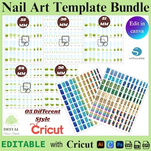 May include: A nail art template bundle with various designs and sizes, including 55mm, 30mm, 51mm, and 24mm options. The image features editable templates compatible with Cricut and other design software, with the text "Nail Art Template Bundle".