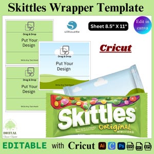 May include: A green Skittles wrapper template with the text "Skittles Wrapper Template". The template includes areas for design and the text "Drag & Drop Put Your Design". The wrapper is for a 2.17 oz Skittles package.
