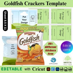 May include: A template for Goldfish cracker packaging, featuring a bag of cheddar-flavored crackers and design elements. The template includes areas to add your own design, with the text "Put Your Design" and "Sheet 8.5 X 11".